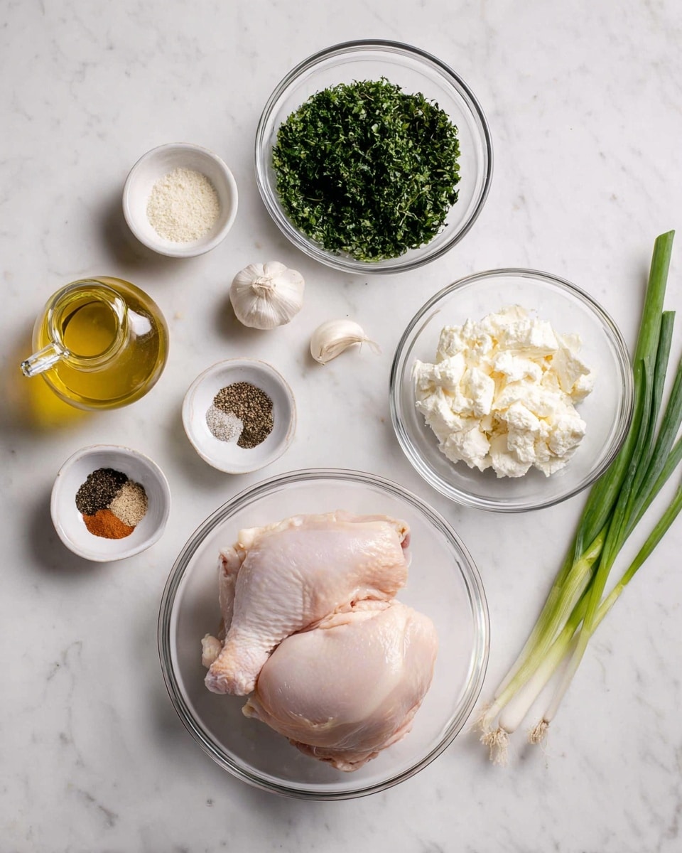 The image shows a top view of raw ingredients arranged on a white marbled surface. At the center bottom is a clear glass bowl with two pale pink raw chicken pieces. Above it to the left is another clear glass bowl filled with finely chopped dark green herbs. To the right of the herbs are two cloves of garlic, positioned side by side. Further right are two small clear glass bowls, one with white creamy cheese and the other with a slightly more crumbly white cheese. Below the herb bowl on the left is a small white bowl with assorted dry spices including black, white, brown, and green powders. To its left is a small glass bottle of light yellow oil with a spout. On the far right are three whole green onion stalks placed diagonally. photo taken with an iphone --ar 4:5 --v 7