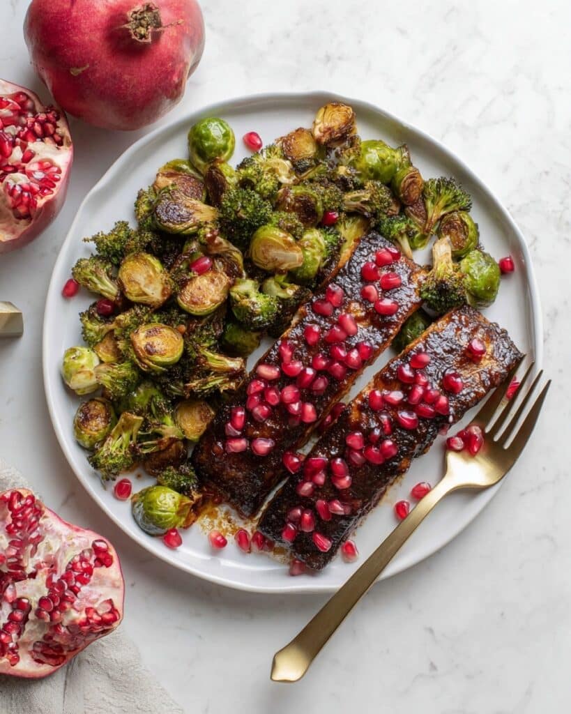 Sticky Pomegranate Maple Glazed Salmon with Parmesan Roasted Broccoli and Brussels Sprouts Recipe