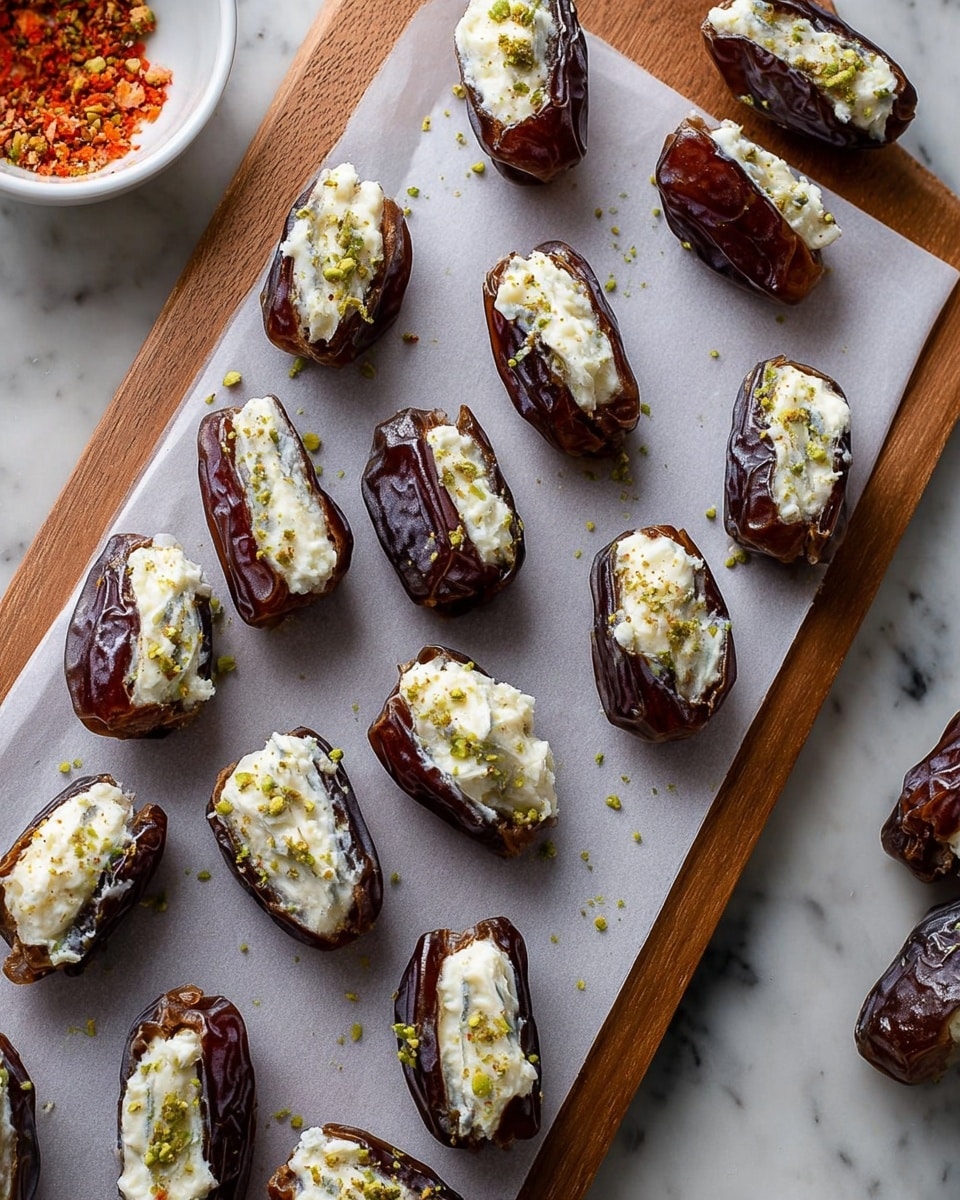 The image shows a wooden board with a white paper on top, holding many dates arranged in rows. Each date is dark brown and wrinkled, split open with a creamy white filling inside. The creamy filling looks smooth with some small bits of green sprinkled on top, likely crushed nuts. In the corner, there is a glimpse of a small white bowl with some orange and red bits inside. The background surface has a white marbled look. The photo taken with an iphone --ar 4:5 --v 7