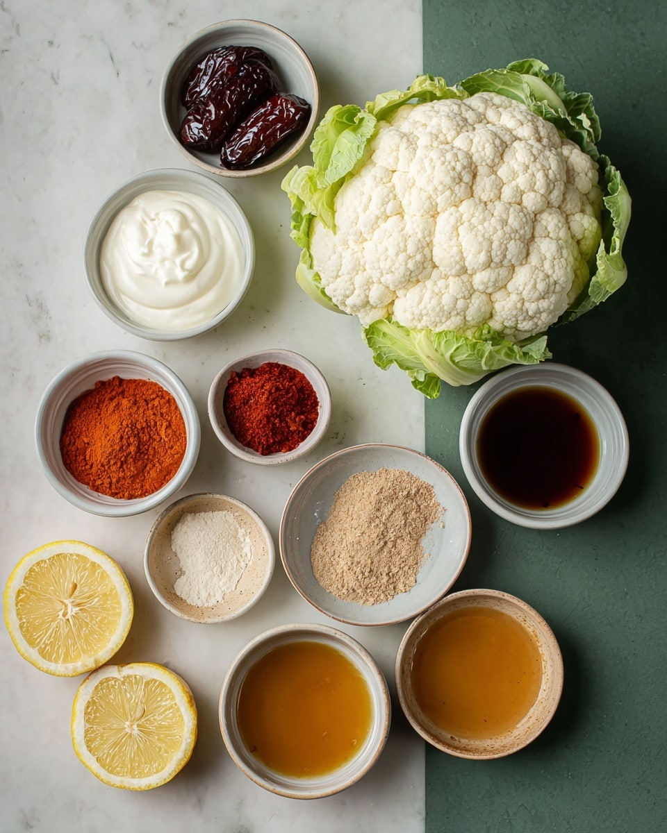 A top-down view of a whole cauliflower with green leaves at the base, surrounded by several small white bowls each holding different ingredients including dark red dates, a smooth white creamy substance, reddish-brown powder, bright orange powder, light brown powder, a thick golden liquid, a dark brown thick liquid, a reddish chunky sauce, and a smooth light caramel colored sauce. Two lemon halves with bright yellow interior and visible seeds are placed near the ingredients. All the bowls and the cauliflower are arranged on a white marbled surface. photo taken with an iphone --ar 4:5 --v 7