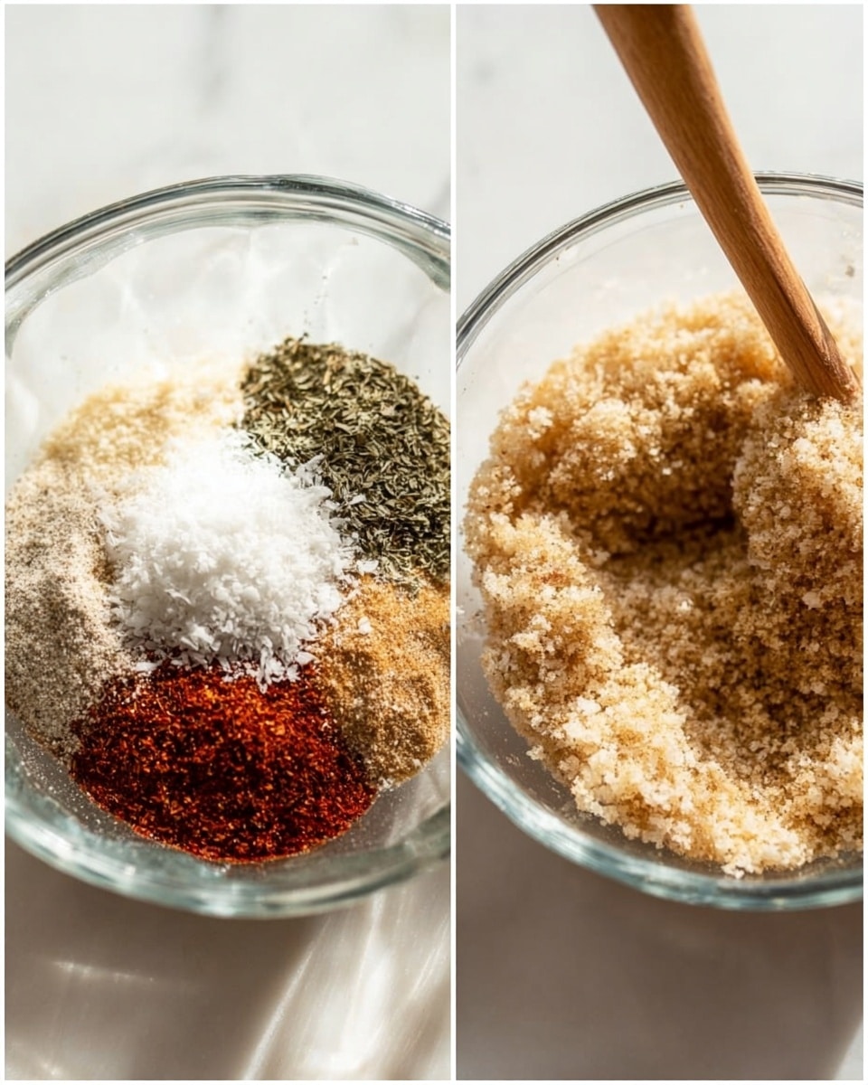 The image shows two clear glass bowls placed side by side on a white marbled surface. The left bowl contains four visible layers of spices and flakes arranged separately in small piles: white flakes on the top left, a dark green herb layer on the bottom right, a red spice layer on the top right, and a brown spice layer on the bottom left. The bowl on the right shows the same contents mixed together into a single light brown, crumbly texture, with a wooden spoon stirring it. The lighting is soft and natural, highlighting the texture and color contrast in the bowls. Photo taken with an iphone --ar 4:5 --v 7
