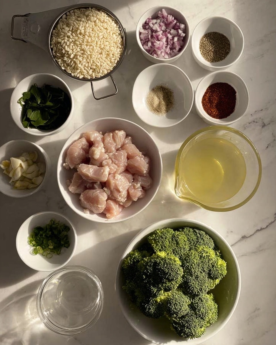 The image shows a white marbled surface with several white bowls and a measuring cup arranged neatly. In the center, there is a white bowl filled with small pieces of raw chicken. Below it, a white bowl holds fresh green broccoli florets. To the upper left of the chicken, there is a metal measuring cup filled with uncooked orzo pasta, and next to it, a white bowl with finely chopped red onions. Above the chicken, another white bowl contains various spices, including red powder, black pepper, salt, and dried herbs. To the right of the spices, there is a glass measuring cup filled with a light yellow liquid, likely broth. Below the broth, a small white bowl has minced garlic. To the left side, there is a white bowl with dark leafy greens, and below it, another with a light brown powder or seasoning. Finally, at the bottom left corner, there is a small white bowl containing a clear liquid. The lighting creates soft shadows, and the image has a clean and organized look, photo taken with an iphone --ar 4:5 --v 7