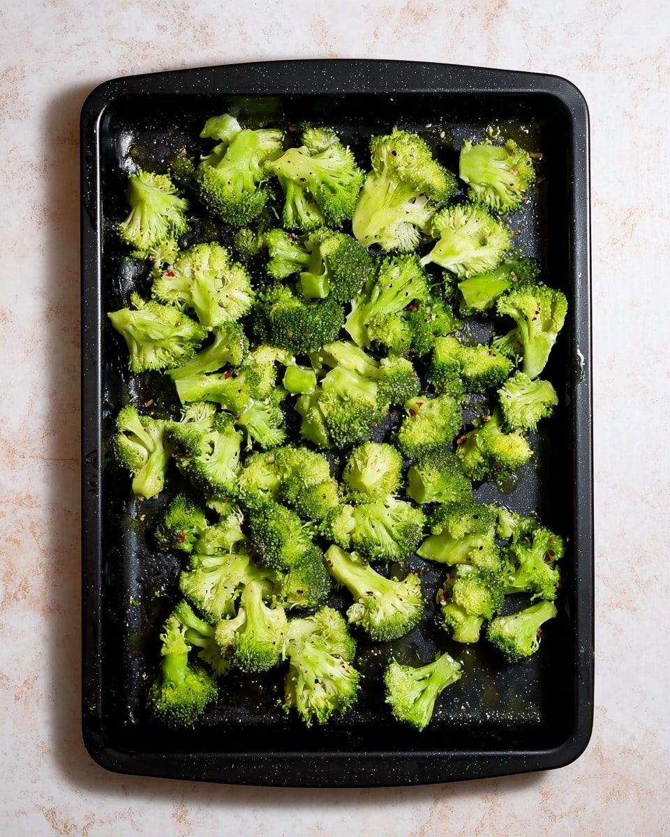 A black baking tray is filled with many small pieces of bright green broccoli spread out evenly. The broccoli has a light coating of oil and some small black pepper specks, giving it a slightly shiny and textured look. The tray sits on a white marbled surface with a soft, clean background. photo taken with an iphone --ar 4:5 --v 7