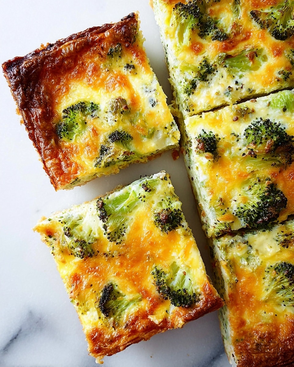 A square vegetable quiche with a golden-brown top layer filled with melted cheese, lightly browned edges, and bright green broccoli pieces spread across the surface. The quiche is cut into smaller square slices, revealing a soft, moist inside with visible broccoli and cheese layers. The texture looks creamy and slightly fluffy, with some crispy bits around the crust area. The dish is placed against a white marbled surface photo taken with an iphone --ar 4:5 --v 7