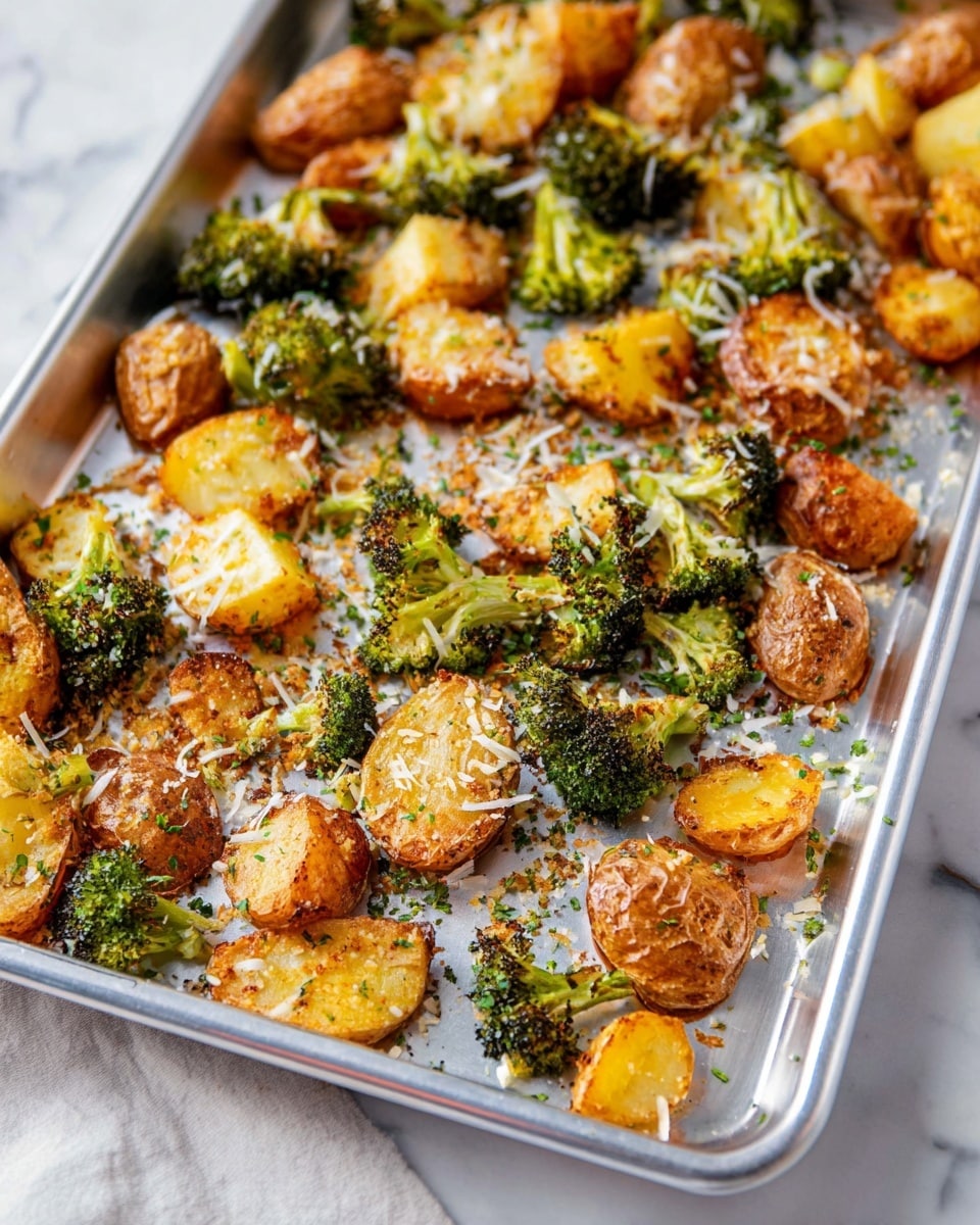The image shows a large silver baking tray filled with roasted vegetables spread out in one layer. There are golden-brown potato pieces with crispy skin and slightly charred edges, mixed with bright green broccoli florets that have browned tips. The tray is sprinkled with grated white cheese and small green herb pieces, adding texture and color contrast. The background is a white marbled surface, enhancing the warm tones of the vegetables. Photo taken with an iphone --ar 4:5 --v 7