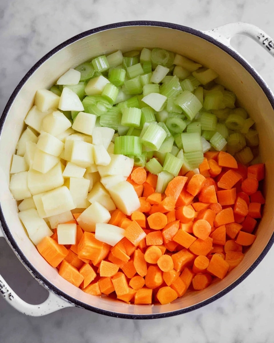 Inside a white pot with black rim, there are four layers of chopped vegetables arranged in sections. The top right section has light green celery pieces that are small and curved. The bottom right section has bright orange carrot rounds that are thick and fresh. The bottom left section has pale orange carrot cubes that are larger and blocky. The top left section has white potato cubes, evenly sized and slightly shiny. The pot sits on a white marbled surface photo taken with an iphone --ar 4:5 --v 7