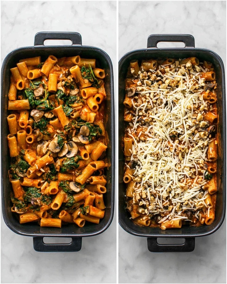 The image shows a rectangular black baking dish filled with short tube-shaped pasta mixed with a red-orange sauce, wilted green spinach leaves, and sliced brown mushrooms. In the second photo, the same pasta mixture is topped with a layer of shredded white cheese and chopped light brown walnuts spread evenly across the top. The background is a white marbled surface. Photo taken with an iphone --ar 4:5 --v 7