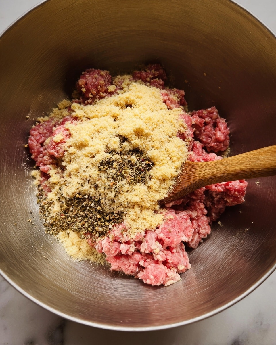 Inside a large metal bowl, there is a mix of raw ground meat showing a bright pink color as the base layer. On top, a layer of light yellow crushed crackers or breadcrumbs is spread unevenly, with some parts thicker than others. Small dark green and brown seasoning specks, likely dried herbs, are mixed on the yellow layer. A wooden spoon with a natural brown color is placed inside the bowl, slightly pressing into the mixture. The scene is set on a white marbled surface. photo taken with an iphone --ar 4:5 --v 7
