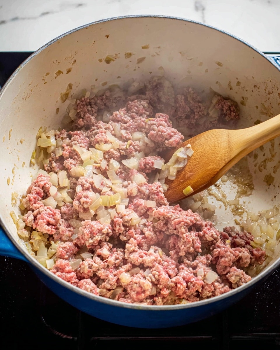 Inside a white pot with a blue outer edge, a mixture of raw ground meat and chopped, slightly translucent onions is being stirred with a wooden spatula. The ground meat shows a mix of pink and light brown colors as it cooks alongside the small, diced onion pieces that are pale yellow to white. Steam rises gently from the cooking mixture, and the pot rests on a dark stove top, positioned against a white marbled textured background. photo taken with an iphone --ar 4:5 --v 7