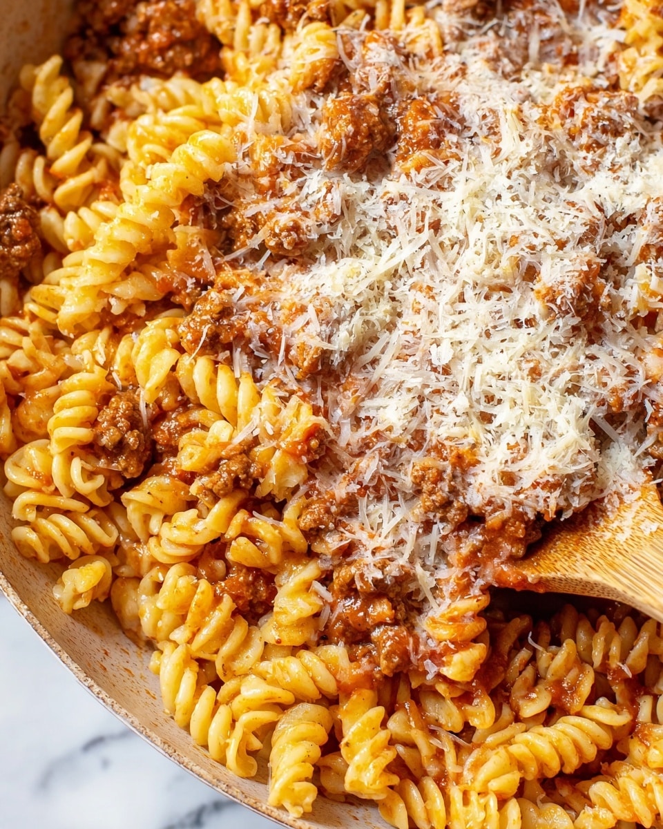 The image shows a close-up of a dish with three main layers. The bottom layer is rotini pasta, golden yellow in color with a twisted shape and a glossy surface. The middle layer is a saucy mix of ground meat, which is brown and slightly chunky, coated in a reddish tomato sauce. The top layer is a sprinkle of finely shredded white cheese, loosely spread over the pasta and sauce. A wooden spoon is partially visible, stirring the mixture. The background is a white marbled surface. Photo taken with an iphone --ar 4:5 --v 7