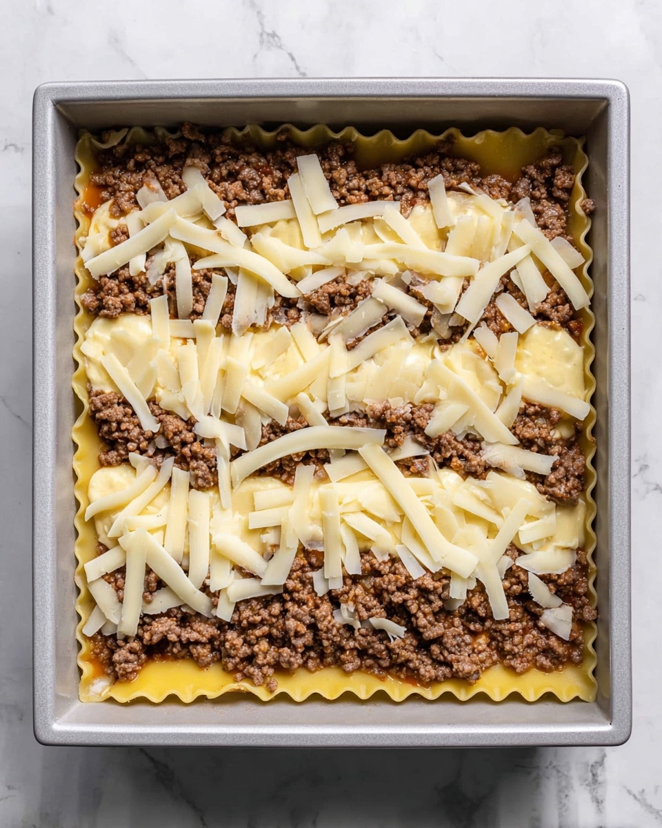 A square baking pan filled with an unbaked layered dish is shown from above. The bottom layer features yellow pasta sheets with ruffled edges, visible under a middle layer of crumbly browned ground meat spread evenly. The top layer is scattered with long, thin white cheese strips, unevenly spread across the surface, covering parts of the meat and pasta. The baking pan is light gray and sits on a white marbled surface. photo taken with an iphone --ar 4:5 --v 7