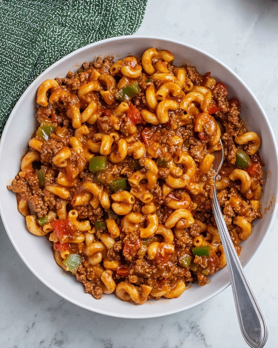 A white bowl filled with a thick pasta dish made of elbow macaroni and ground meat mixed with tomato sauce and small pieces of green and red bell peppers. The pasta is coated in a rich, reddish-brown sauce that clings to the noodles and meat, creating an even mix throughout. The bowl is placed on a white marbled surface, and a silver spoon rests inside the bowl, partially submerged in the hearty pasta. A green textured cloth is visible in the top left corner. photo taken with an iphone --ar 4:5 --v 7