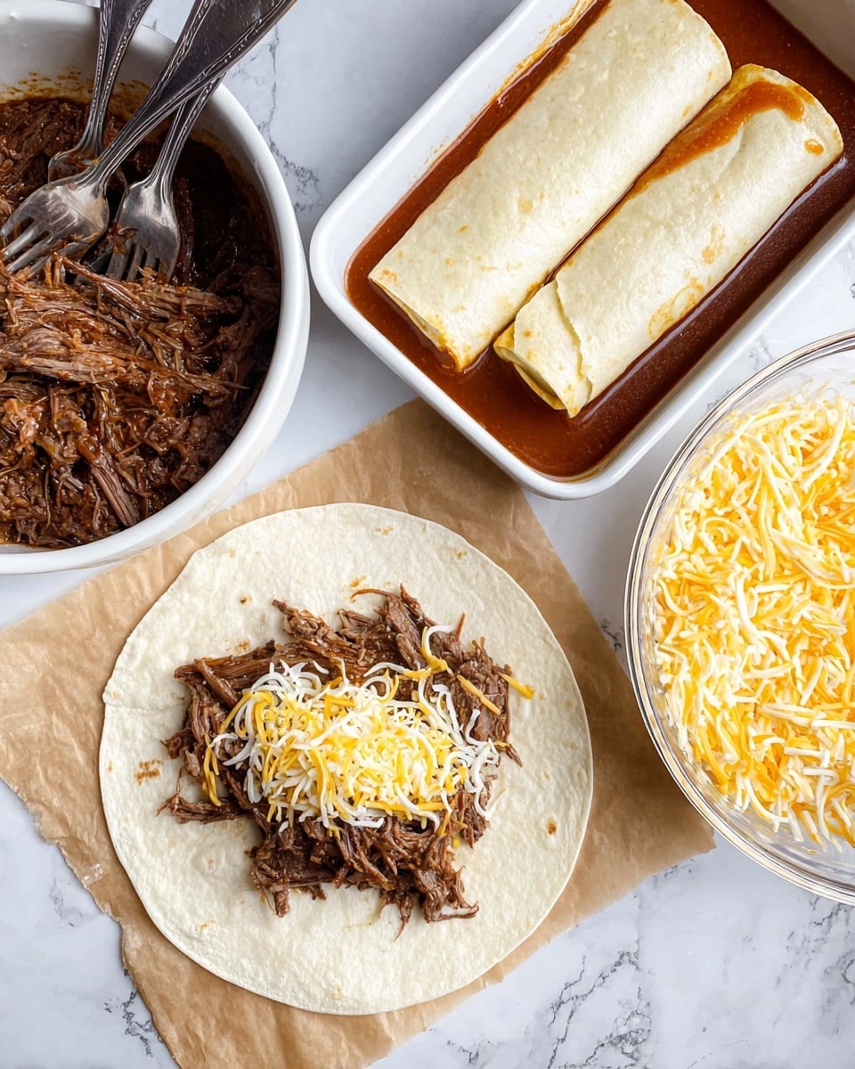 A stack of soft, white tortillas sits on brown parchment paper, with shredded, dark brown beef and some yellow and white shredded cheese on top in the center. To the left, a white bowl contains more shredded beef with two forks resting inside. On the right, a glass bowl is filled with a mix of shredded yellow and white cheese. Above the tortillas, a white rectangular dish holds two rolled tortillas covered with a smooth, reddish-brown sauce, with some sauce spread underneath them. The whole scene rests on a white marbled textured surface. Photo taken with an iphone --ar 4:5 --v 7