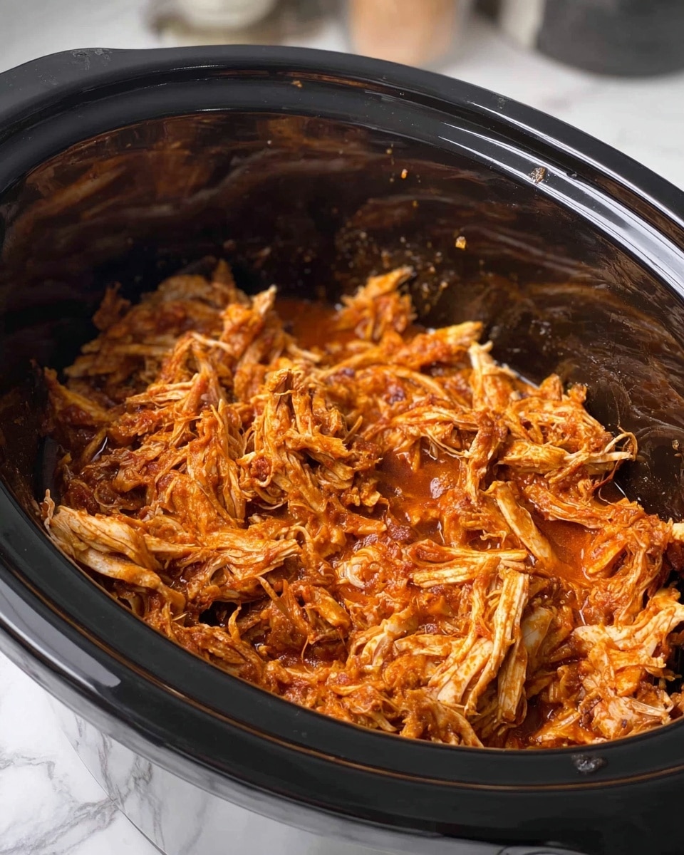 A close-up view of a black slow cooker filled with shredded cooked chicken mixed with a reddish-orange sauce, giving the meat a moist and tender look. The shredded chicken has uneven strands and chunks, with some pieces showing a darker seared color. The inside of the slow cooker is dark and shiny, contrasting with the warm tones of the chicken. The slow cooker sits on a white marbled surface, with some kitchen items blurred in the background. Photo taken with an iphone --ar 4:5 --v 7