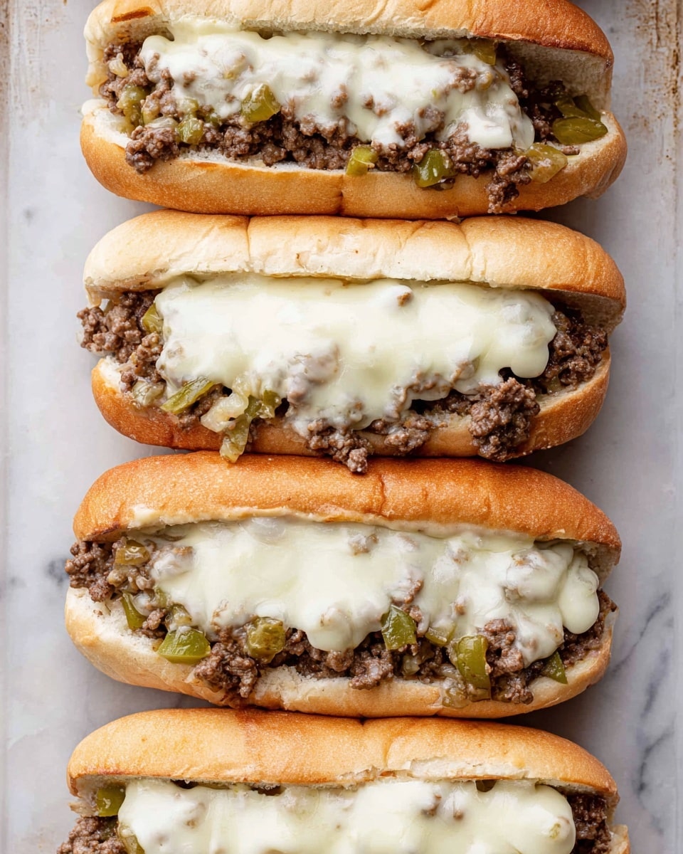 The image shows four sandwiches lined up vertically on a white marbled surface. Each sandwich has a soft, light brown bun with a slightly toasted texture. Inside each bun is a layer of ground beef mixed with small pieces of green peppers and onions. On top of the meat mixture, melted white cheese covers most of the filling, slightly oozing over the sides of the buns. The cheese looks smooth and glossy, with some bubbles and slight browning in spots. The sandwiches are close together but still show distinct layers of bread, meat mixed with vegetables, and cheese photo taken with an iphone --ar 4:5 --v 7