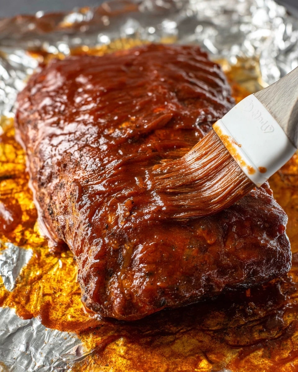A close-up view of a large piece of meat covered with thick, dark red barbecue sauce being brushed by a white silicone brush. The meat has a rich brown color with a layer of sauce on top, showing texture from the brushing. It rests on a sheet of crinkled aluminum foil, which reflects the warm colors of the sauce and juices pooling around the meat. The overall look is juicy and thickly coated, with shiny highlights on the sauce. Photo taken with an iphone --ar 4:5 --v 7