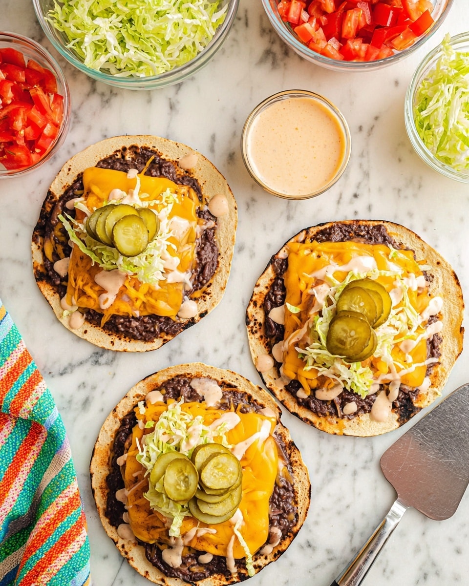 Three tostadas sit on a white marbled surface, each with a crispy round tortilla base toasted to a light golden brown with some darker char marks. On top, there is a thick layer of dark black beans spread evenly across each tortilla. Above the beans, a large slice of melted bright orange cheddar cheese covers most of the surface. On top of the cheese, there are several thin pickle slices arranged alongside shredded light green lettuce and small chunks of red tomato. A creamy light pink sauce with visible herbs is drizzled over each, adding a smooth texture contrast. Around the tostadas, there are small bowls filled with shredded lettuce, sliced pickles, and diced tomatoes. A metal spatula and a colorful striped cloth with green, white, orange, and turquoise stripes lie nearby. Photo taken with an iphone --ar 4:5 --v 7