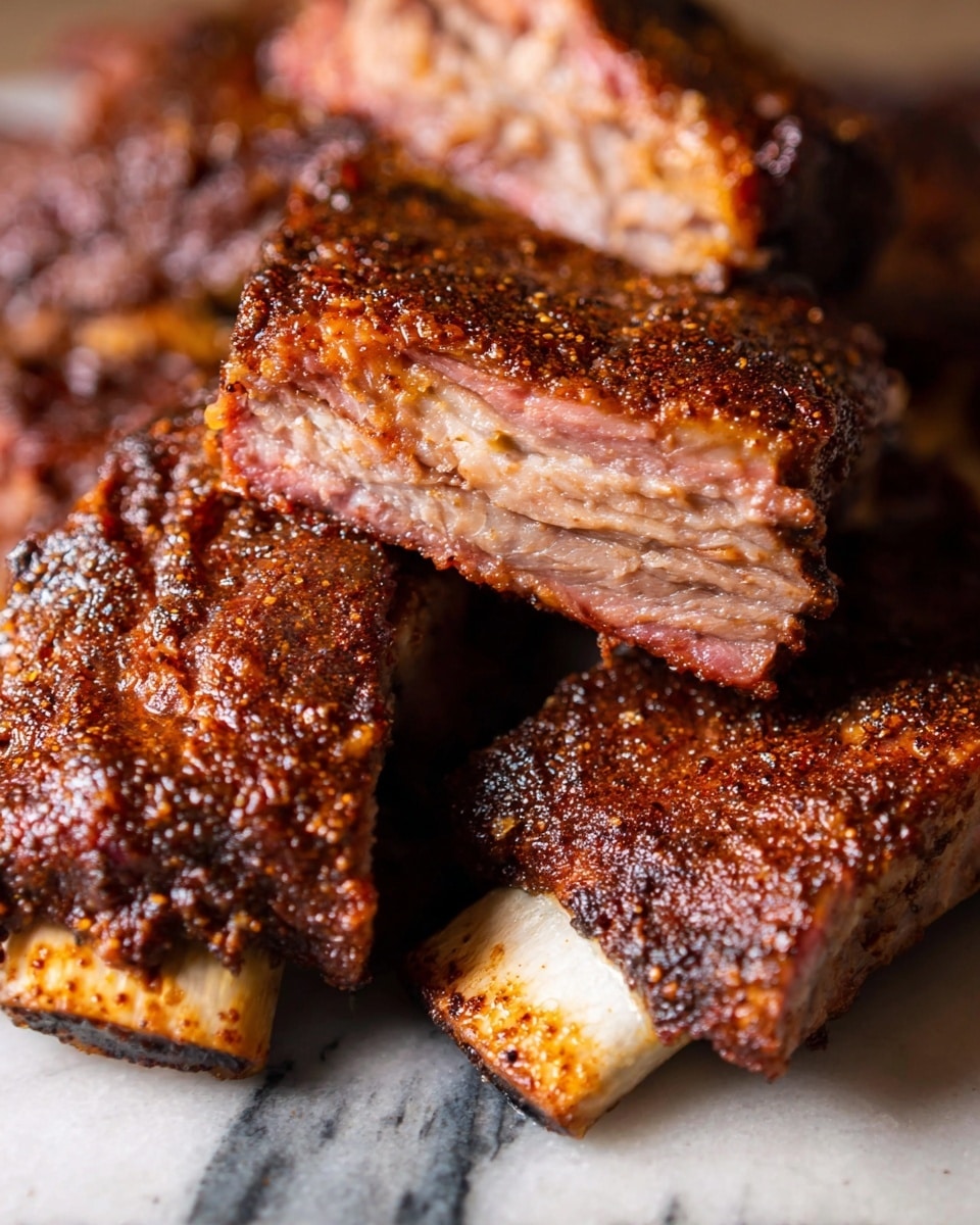 The image shows close-up pieces of cooked ribs with a dark brown, crispy outer layer covered in spices. Inside, the meat is a reddish-pink color with a tender texture, visible in the sliced section. One rib has a white bone at the bottom, partly visible on a white marbled surface. The ribs are stacked close together, showing the contrast between the crusty outside and juicy inside. The lighting highlights the texture and color of the ribs, giving a rich and savory appearance photo taken with an iphone --ar 4:5 --v 7