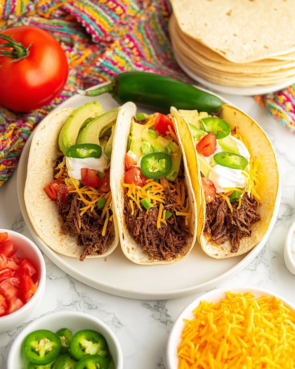 Three soft tortillas lie flat on a white plate, each filled with a layer of dark shredded meat at the bottom, topped with bright yellow shredded cheese, small red diced tomatoes, white sour cream, thin slices of green jalapeño, and fresh green avocado slices. A whole green jalapeño rests on top of the plate, which is placed on a white marbled surface. Surrounding the plate are small white bowls with shredded yellow cheese, white sour cream, sliced green jalapeños, and diced red tomatoes. A whole red tomato and a stack of plain tortillas are placed nearby, alongside part of a colorful cloth. Photo taken with an iphone --ar 4:5 --v 7