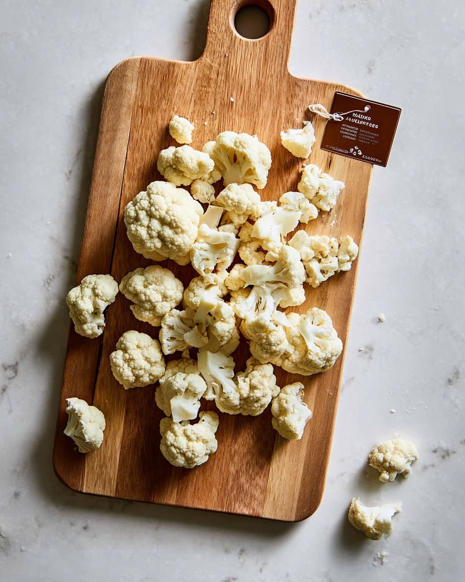 A wooden serving board with a smooth light brown grain pattern holds many small cauliflower florets scattered across its surface. The florets are off-white with a slightly textured, bumpy surface, and they spread unevenly, some closer to the round hole near the top center of the board. A few small cauliflower pieces have fallen off the board onto the white marbled surface below. A brown tag with white text is attached to the board on the right side. The photo taken with an iphone --ar 4:5 --v 7