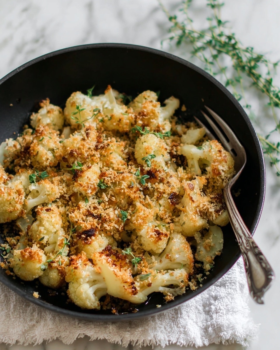 A black frying pan filled with roasted cauliflower florets that are topped with a golden brown crumbly layer of toasted breadcrumbs and small green herb sprigs scattered on top, giving a textured appearance. The cauliflower pieces are creamy white with browned edges showing slight charring from roasting. A silver fork with a decorative handle is partially inserted on the right side of the pan, resting on a white textured cloth underneath. The whole setup is on a white marbled surface with a few blurred fresh herb leaves in the background, creating a clean and fresh look. photo taken with an iphone --ar 4:5 --v 7
