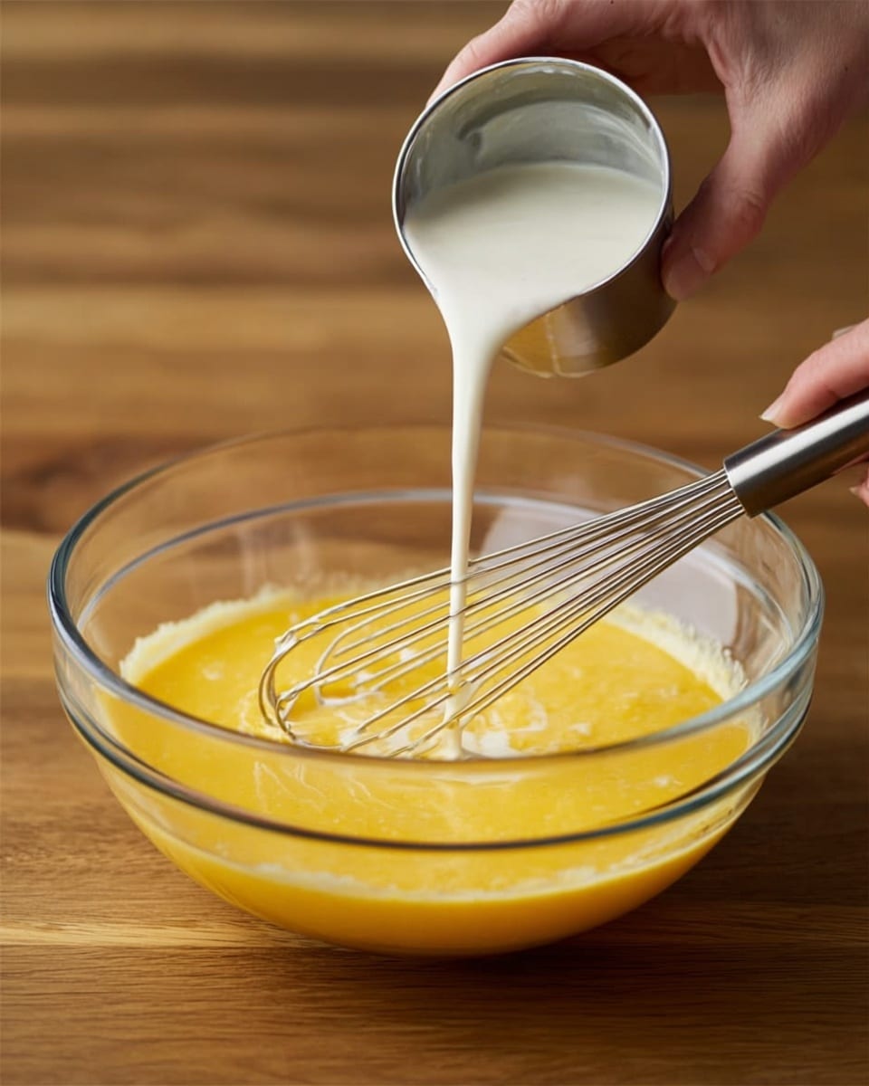 A clear glass bowl sits on a white marbled surface, containing a smooth, bright yellow mixture with a slightly thick texture. A woman's hand holds a metal whisk inside the bowl, gently stirring the yellow mixture. Above the bowl, another woman's hand pours a creamy white liquid from a small metal container into the bowl, with the liquid forming a smooth, flowing stream that contrasts with the yellow base inside the bowl. The background is blurred wood, adding warm tones to the image. photo taken with an iphone --ar 4:5 --v 7
