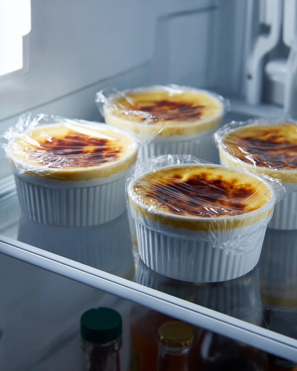 Four white ramekins are placed inside a refrigerator on a glass shelf. Each ramekin holds a creamy yellow custard topped with a burnt caramelized layer that is slightly dark brown and shiny. The custards are covered with clear plastic wrap that clings tightly to the rims of the ramekins, showing some wrinkles and reflections. The background inside the fridge is softly lit and white, with some bottles visible on the door shelves to the right. The overall scene has a clean and cool look, focusing on the textured burnt top of the custards in the white containers. Photo taken with an iphone --ar 4:5 --v 7