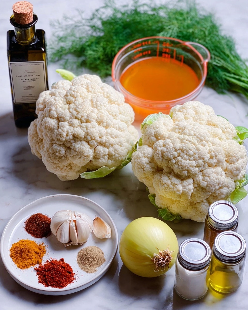 The image shows two whole cauliflower heads, white and textured with small green leaves at the bottom, placed on a white marbled surface. Around them are various ingredients: a white round plate holding four different colorful spices (red, brown, and yellow powders) in the bottom left corner; a bulb of garlic with multiple cloves near the spices; a clear glass measuring cup filled with orange liquid and another measuring cup with white liquid placed in the upper right; a yellow lemon next to a whole yellow onion in the front; two small clear jars of spices with silver lids, one standing and one laying; a tall dark brown bottle of olive oil with a white label near the back; and some green fresh dill behind the ingredients. photo taken with an iphone --ar 4:5 --v 7
