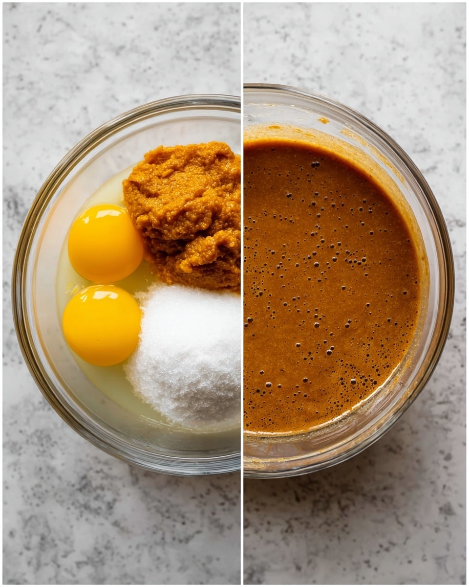 The image shows two clear glass bowls placed on a white marbled surface. The left bowl has three bright yellow egg yolks on one side, a mound of white sugar on the other, and a thick orange-brown pumpkin puree in the middle. The right bowl contains a smooth, mixed batter of a deep brown color with small air bubbles on the surface, filling most of the bowl. photo taken with an iphone --ar 4:5 --v 7