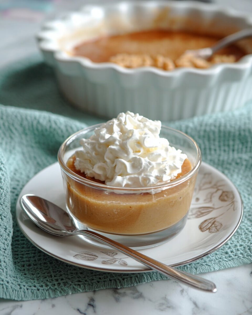 The image shows a small clear glass bowl filled with a light brown soft dessert, topped with a fluffy white swirl of whipped cream. The bowl sits on a white plate with a subtle leaf pattern around the rim. A silver spoon rests on the side of the plate, partially under the bowl. In the background, there is a larger white ceramic dish filled with the same light brown dessert. The setting is on a light teal fabric surface with a white marbled texture visible in the surroundings. Photo taken with an iphone --ar 4:5 --v 7