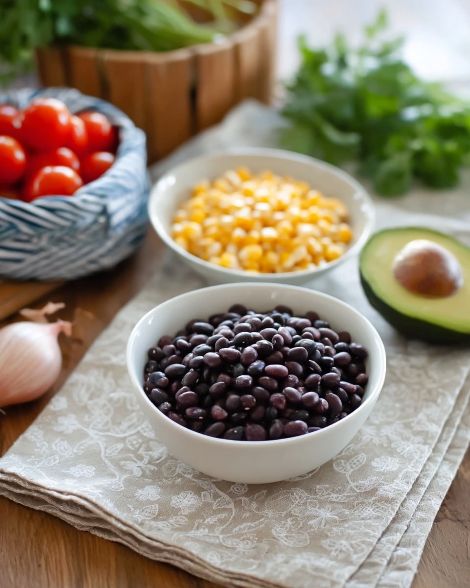 A white bowl filled with shiny black beans sits in the front on a beige cloth with a subtle pattern over a wooden table; behind it, another white bowl holds bright yellow corn kernels. To the right and slightly behind, a halved avocado with a green outer layer and light green inside shows the brown pit in the center. Further back, a small wooden basket lined with a blue and white striped cloth holds red cherry tomatoes. On the left side, fresh green cilantro leaves and part of a shallot with a pale brown skin are visible. The whole setting is on a white marbled surface with soft natural light. photo taken with an iphone --ar 4:5 --v 7