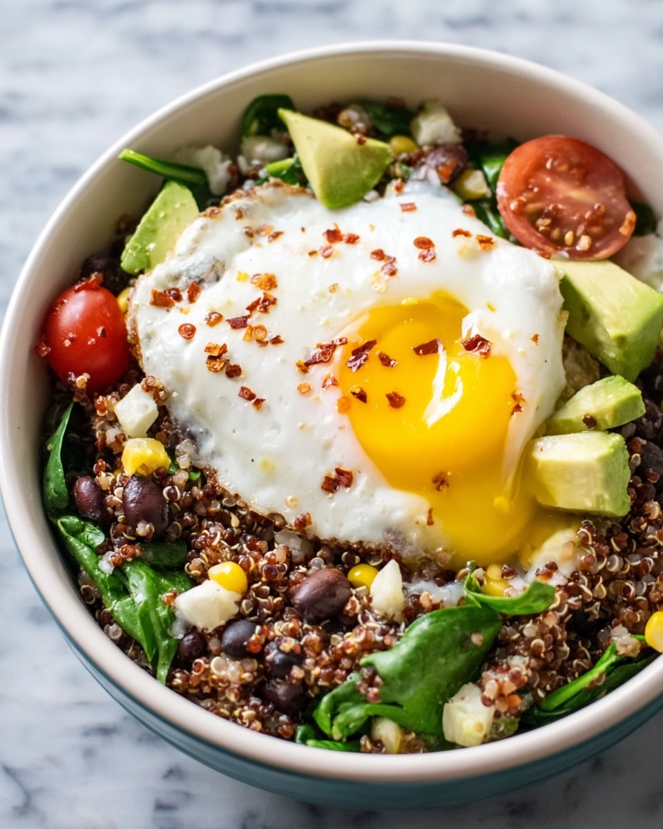 A bowl layered with a seed mix of red quinoa, black beans, chopped green avocado, green leafy spinach, and red cherry tomatoes along with white corn pieces. On top of this mix, there is a cooked white egg with a soft yellow yolk breaking and some red chili flakes scattered over the egg. The bowl is white and it is set on a white marbled surface. photo taken with an iphone --ar 4:5 --v 7