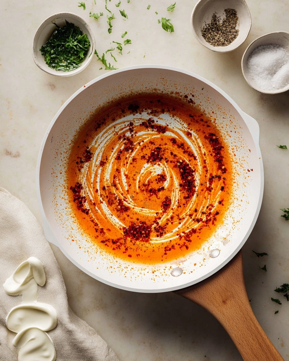 A white pan with a wooden handle shows an orange-red oily sauce with dark red pepper flakes spread unevenly in a swirl pattern, leaving some parts of the white pan visible through the sauce. Around the pan are small white bowls, one with finely chopped green herbs, another with coarse white salt and cracked black pepper, all placed on a white marbled surface. A white cloth with dollops of soft white cream is partially visible in the lower left corner. photo taken with an iphone --ar 4:5 --v 7