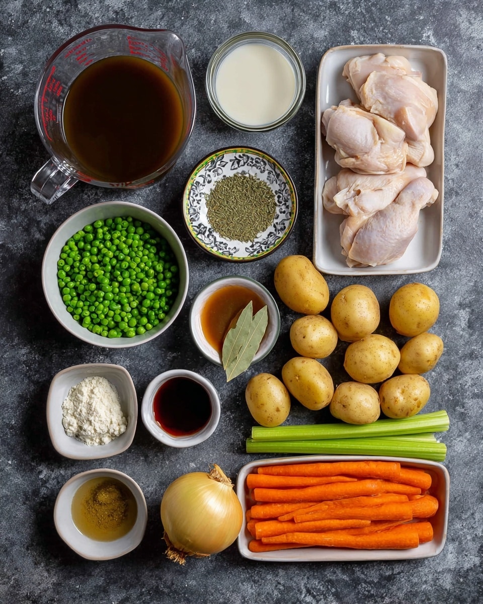 The image shows a top view of cooking ingredients neatly arranged on a dark gray surface replaced with white marbled texture. On the top left is a clear measuring jug filled with dark brown broth, next to a smaller glass jug with white liquid. Below are small white bowls containing green peas, white powder, mixed dried herbs in a patterned round dish, minced garlic, and two bay leaves on a square dish. Nearby are two small bowls, one with a dark liquid and the other with red paste or sauce. A large round yellow onion sits between the bowls and a group of small potatoes spread out across the center. To the right, there are three pieces of raw chicken in a white tray. Below the potatoes and chicken are bright orange carrots and fresh green celery sticks, both placed horizontally. photo taken with an iphone --ar 4:5 --v 7