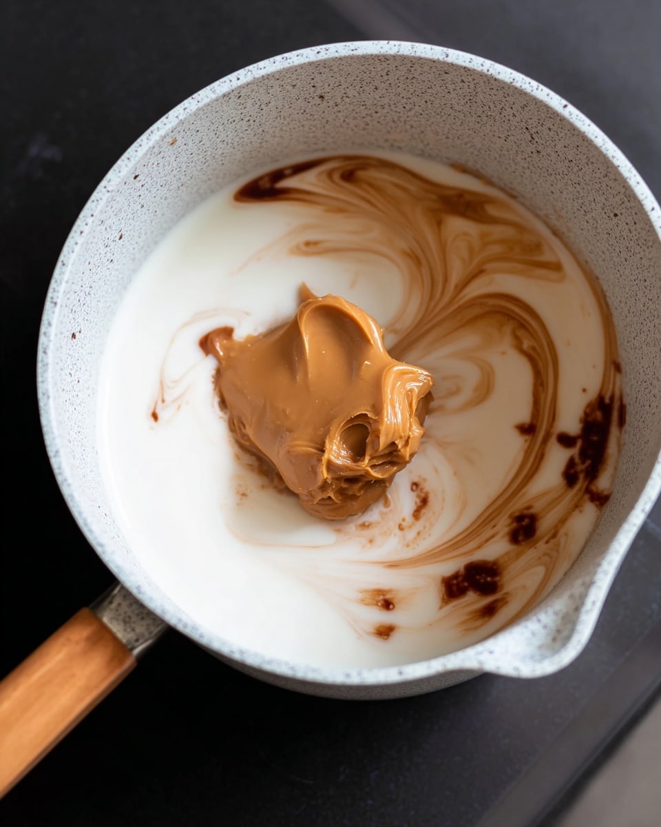 The image shows a light gray pot with a wooden handle sitting on a black surface, filled with a white liquid. In the center, there is a thick dollop of smooth caramel brown paste, slightly folded. Surrounding the paste, the white liquid has streaks of brown swirls blending in softly, giving a warm contrast. The pot's inner texture is slightly speckled, adding detail to the image. photo taken with an iphone --ar 4:5 --v 7