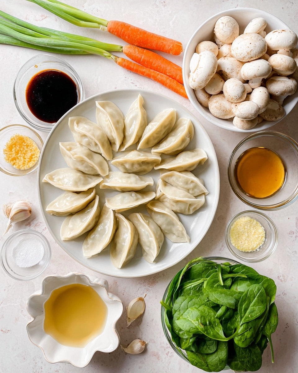 A round white plate in the center holds about sixteen plump, white dumplings arranged in a loose circle, their edges crimped and smooth. To the top right, a white bowl is full of fresh white mushrooms, some showing light brown spots. Below that, a small white flower-shaped dish contains golden yellow honey. To the bottom right, a white bowl is filled with bright green spinach leaves with visible veins. Scattered around the plate are small glass bowls: one with dark soy sauce, one with white salt, one with light yellow minced garlic or ginger, and a clear bowl with a golden-brown liquid, possibly broth. Three cloves of garlic sit beside the soy sauce, and to the top left, a bright orange carrot lies beside three fresh green onions with white bulbs. All of this is on a white marbled surface. Photo taken with an iphone --ar 4:5 --v 7
