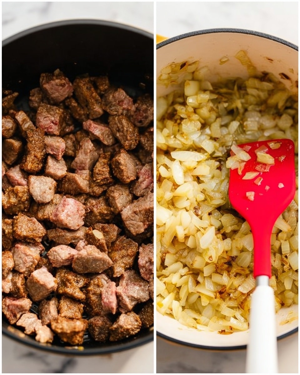 The image shows two side-by-side close-up views of cooking ingredients. On the left, there is a black pot filled with many small chunks of browned meat, showing a rough texture with light browning and some pink parts. On the right, there is a white pot with sautéed onions and small bits of another ingredient, both light golden and translucent, being stirred by a bright red spatula with a white handle. The cooking pots rest on a white marbled surface. photo taken with an iphone --ar 4:5 --v 7