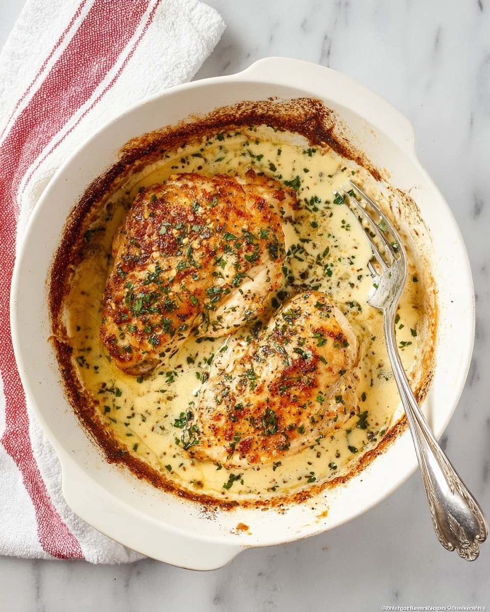 A white round deep dish holds two cooked chicken pieces with a light brown top sprinkled with green herbs. Between the chicken is a creamy pale yellow sauce with a smooth and slightly thick texture, spreading to the edges of the dish where it turns darker and slightly crispy. A silver fork rests on the right side of the dish inside it. The dish sits on a white marbled surface next to a folded red and white striped cloth. photo taken with an iphone --ar 4:5 --v 7