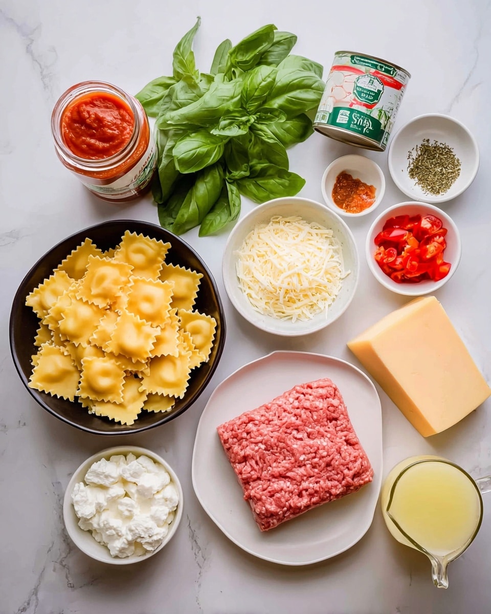 The image shows a collection of ingredients arranged on a white marbled surface. In the bottom left, there is a black bowl filled with square pasta pieces that are golden yellow and have ruffled edges. Above it, fresh green basil leaves rest next to a jar of red tomato basil sauce. To the right of the basil, a small white bowl holds shredded mozzarella cheese, lying next to a can of diced tomatoes. Below the cheese, there is a small bowl of soft white ricotta cheese, and beside it, a bowl filled with finely chopped white onions. To the right of the onions, a white plate holds a square piece of raw ground meat that is bright pink. Surrounding the meat, there are bowls with minced garlic, red pepper flakes, dried herbs, and thin red strips of roasted peppers. At the top right corner, a wedge of pale orange cheese is resting. In the bottom right corner, there is a clear glass measuring jug with yellow liquid and a small beige pitcher with light cream liquid. The photo was taken with an iphone --ar 4:5 --v 7