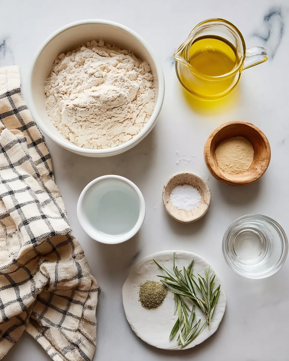 The image shows a top view of several small white bowls and containers on a white marbled surface. One larger white bowl holds beige flour with a rough texture. A small white cup is filled with clear water. A tiny white dish has light brown powder, and next to it, a small wooden bowl contains white salt. A clear glass jug holds yellow olive oil, and a small clear glass cup is empty. A small white plate has a few green rosemary sprigs and salt. On the left side, a beige and black checkered cloth is loosely folded. Photo taken with an iphone --ar 4:5 --v 7