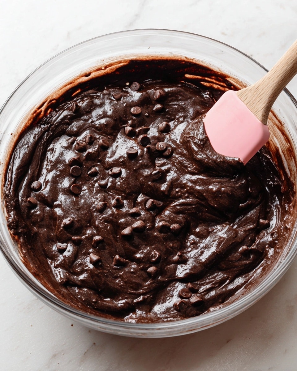 A clear glass bowl filled with thick, dark brown chocolate batter mixed with chocolate chips, showing a rich, shiny texture with some peaks and folds across the surface. A pink silicone spatula with a wooden handle is stirring the batter on the right side, partially submerged. The bowl sits on a white marbled surface, giving a clean and bright look to the scene. photo taken with an iphone --ar 4:5 --v 7