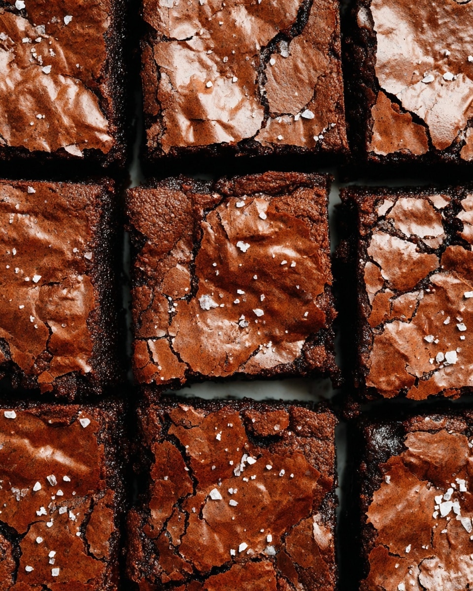 A close-up view of a tray of brownies cut into even squares, each piece showing a shiny, cracked top layer with a rich dark brown color and a slightly rough texture. The brownies have small white salt flakes sprinkled unevenly across their surface, adding contrast. The inside looks dense and moist, visible through the clean cuts between each square. The background is a white marbled texture, enhancing the deep brown color of the brownies. photo taken with an iphone --ar 4:5 --v 7