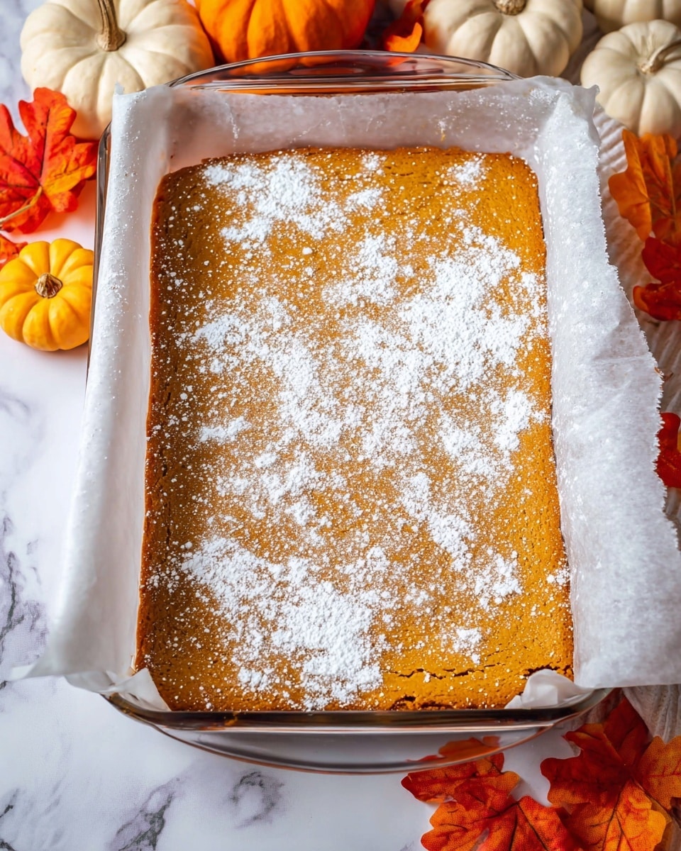 A rectangular glass baking dish lined with white parchment paper holds a single thick layer of golden-brown pumpkin cake sprinkled unevenly with white powdered sugar on top. The cake surface has a soft texture with a small crack near the lower center. The dish is placed on a white marbled surface with autumn-themed decorations like orange and cream pumpkins and orange leaves around it. photo taken with an iphone --ar 4:5 --v 7