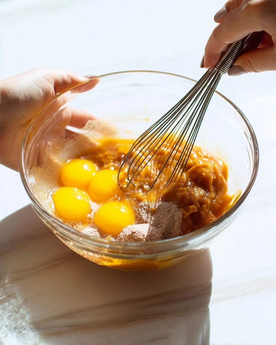 A clear glass bowl holds three layers of ingredients: on the bottom, two yellow egg yolks with transparent whites, next a layer of thick orange pumpkin puree, and on top sprinkled brown cinnamon and white sugar powders. A woman's hand holds the bowl while another woman's hand whisks the mixture with a silver wire whisk. The bowl sits on a white marbled surface, and bright natural light shines from behind, giving the contents a soft glow. photo taken with an iphone --ar 4:5 --v 7