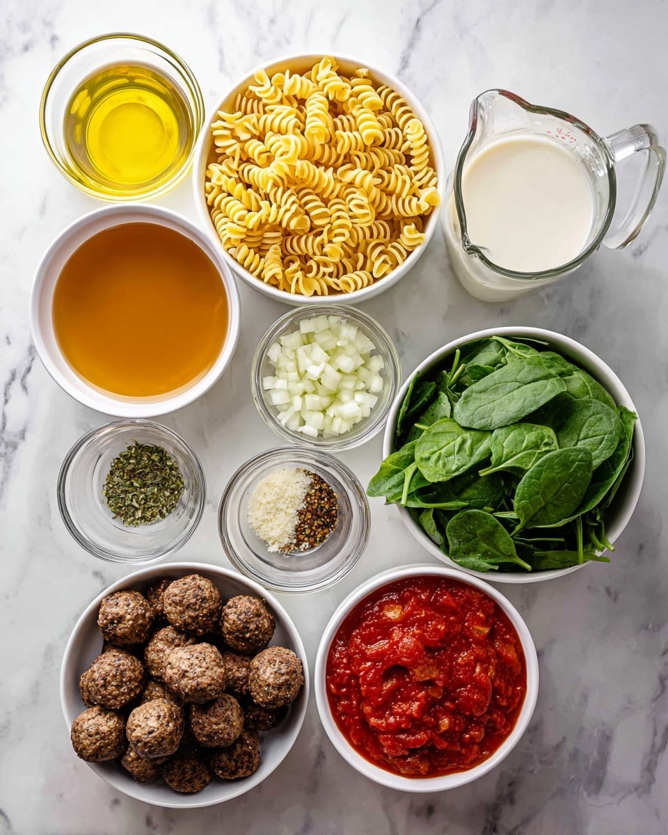 The image shows nine white bowls and a clear glass measuring jug on a white marbled surface, each holding different ingredients. Near the top left is a small bowl of golden olive oil, beside a bowl filled with uncooked, yellow rotini pasta spirals. To the right, a clear glass jug holds a white creamy liquid. Below the oil and pasta are diced white onions in a bowl, next to a small bowl of finely minced garlic and another with green and brown mixed dried herbs. Towards the bottom right, a bowl overflows with fresh, dark green spinach leaves. At the bottom left, a bowl contains browned, round meatballs. Beside it, a larger clear glass measuring jug is filled with light brown broth. A white bowl with bright red crushed tomatoes sits near the center-left. The scene is bright and clean. photo taken with an iphone --ar 4:5 --v 7
