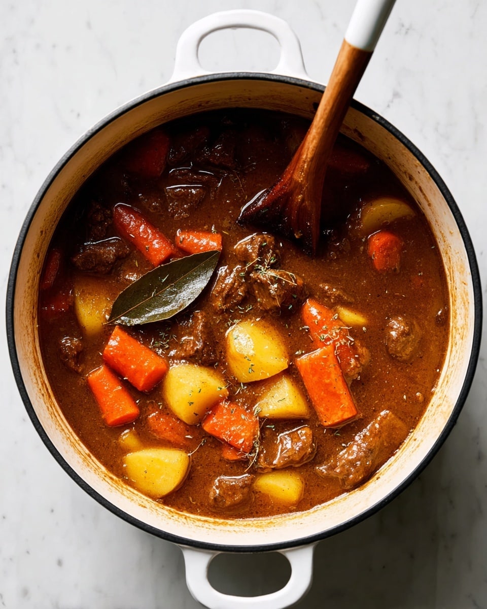 A white round pot with black rim filled with a thick brown stew showing chunky orange carrot pieces and small yellow potato slices mixed with dark brown meat chunks, a dark bay leaf is floating on top; a wooden spoon with a white handle is resting inside, stirring the stew, the pot sits on a white marbled surface photo taken with an iphone --ar 4:5 --v 7