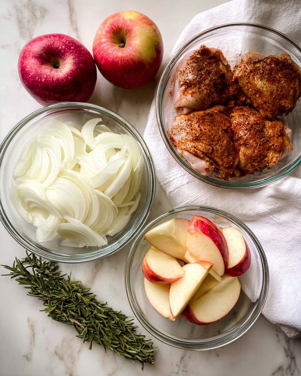 The image shows four clear glass bowls arranged on a white marbled surface with a white cloth underneath. The top right bowl holds three raw chicken thighs covered with a dark reddish-brown spice mix, showing a rough textured surface. To the left, a bowl contains thick slices of white onions, layered in a messy pile. Below, on the white marbled surface, are two whole apples, one red and one red-yellow. Next to them, a smaller glass bowl holds large wedges of apple with pale yellow flesh and red skin. Near the bottom of the image is a small bunch of fresh green rosemary with needle-like leaves, lying on the marble. The light is soft, highlighting the colors and textures naturally. Photo taken with an iphone --ar 4:5 --v 7