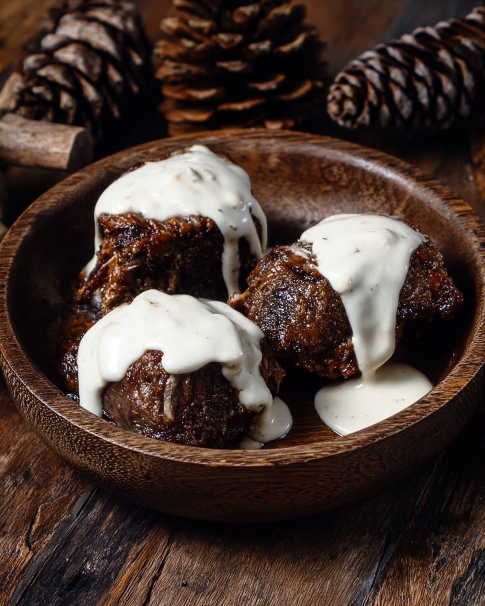 Three dark brown meat pieces with a textured surface sit inside a round wooden bowl. Each piece is topped with a thick dollop of white creamy sauce that slightly drips down the sides. The bowl is placed on a rustic wooden surface with pine cones around it. The photo taken with an iphone --ar 4:5 --v 7