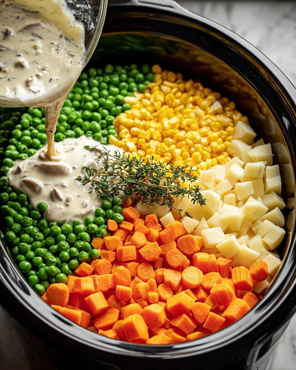 A black slow cooker filled with four clear layers of chopped vegetables arranged side by side: bright green peas at the back, orange carrots to the right, yellow corn mixed with white diced potatoes below, and another section of white diced potatoes with more yellow corn to the left. On top, a sprig of fresh green thyme rests in the center. A glass container pours a thick, creamy white sauce with visible small mushroom pieces over the vegetables. The cooker is placed on a white marbled surface. Photo taken with an iphone --ar 4:5 --v 7