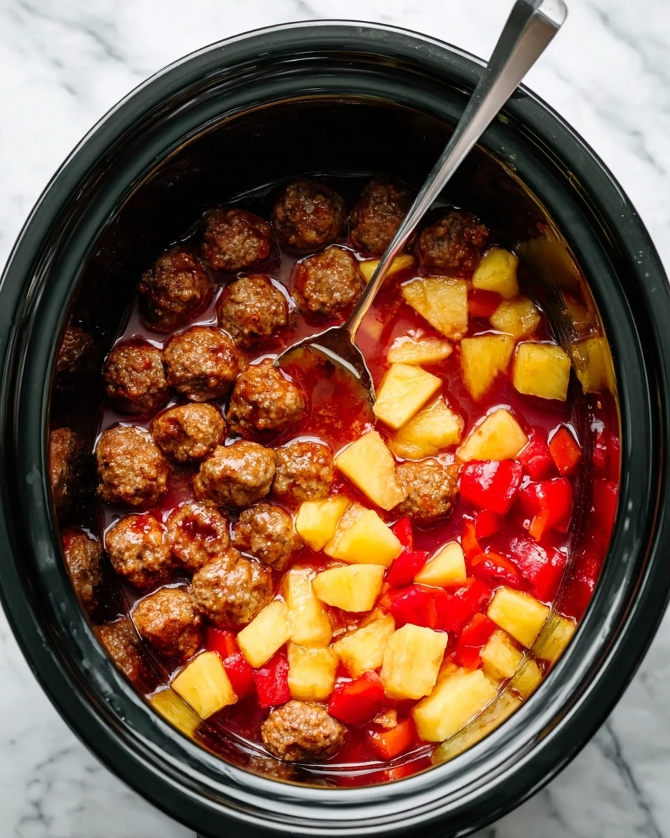 The image shows a black slow cooker filled with three visible layers: small brown meatballs spread evenly, bright yellow chunks of pineapple, and vibrant red pieces of diced bell pepper mixed with a reddish sauce. A silver spatula is placed inside, partially covered with the shiny sauce, resting on the ingredients. The cooker sits on a white marbled surface. photo taken with an iphone --ar 4:5 --v 7